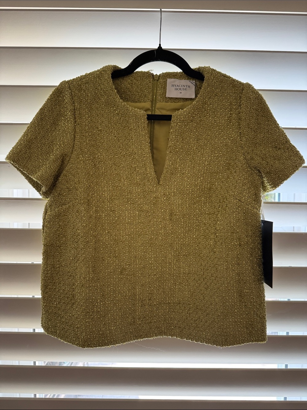 Hyacinth House Olive Bouclé Short-Sleeve Top with V-Notch